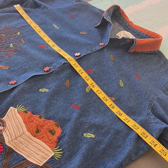 Tantrums Vintage, Autumn Fall Thanksgiving Embroidered Detail, Denim Shacket Top - Picture 11 of 12